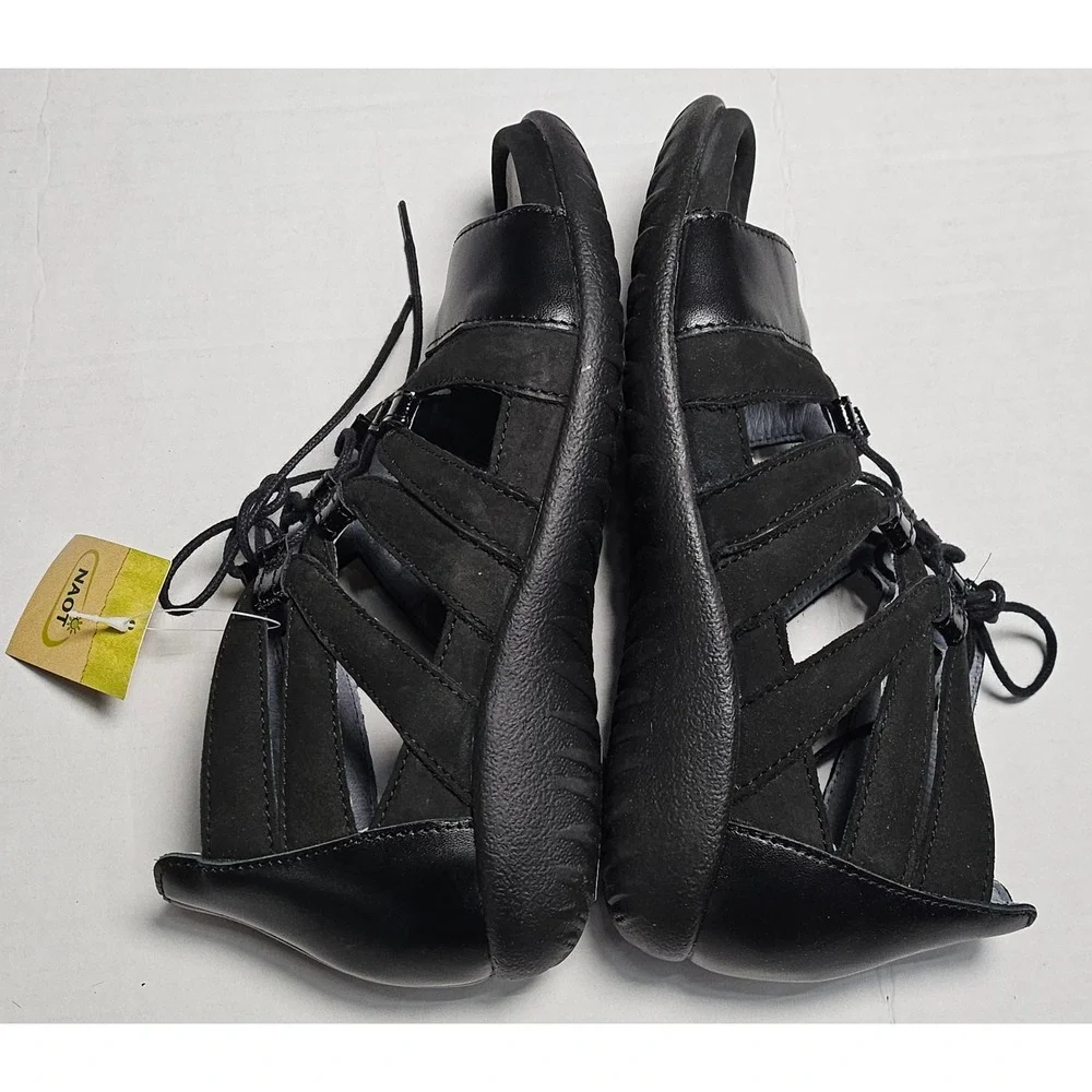 NAOT SELO Black Leather Lace Up Gladiator Wedge‎ Sandals Women's 36 EU 6 US NIB